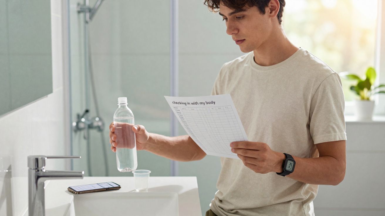 Jeune homme dans une salle de bain lisant un tableau et tenant une bouteille d'eau près du lavabo avec un téléphone posé.