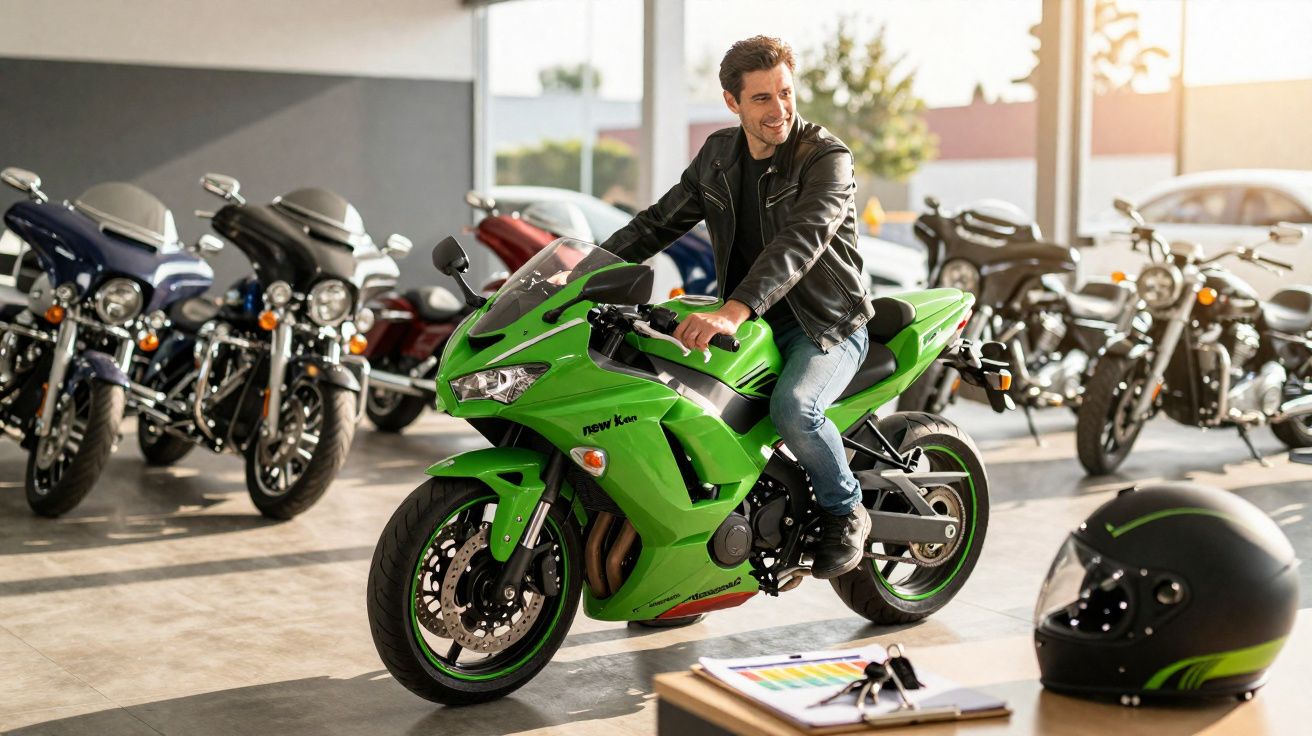 Homme souriant assis sur une moto verte dans un showroom, casque et clés visibles au premier plan.