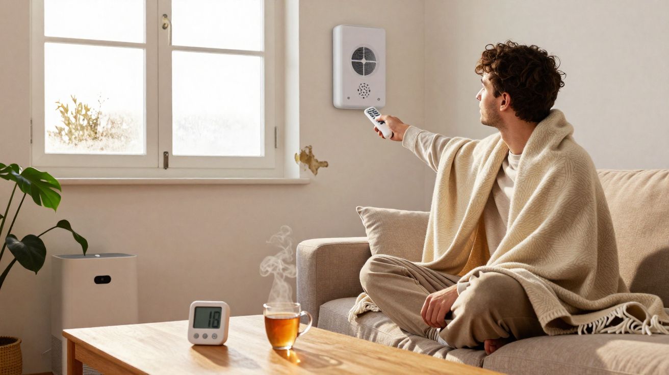 Homme assis sur un canapé avec une couverture, utilisant une télécommande pour contrôler un appareil mural dans un salon lumi