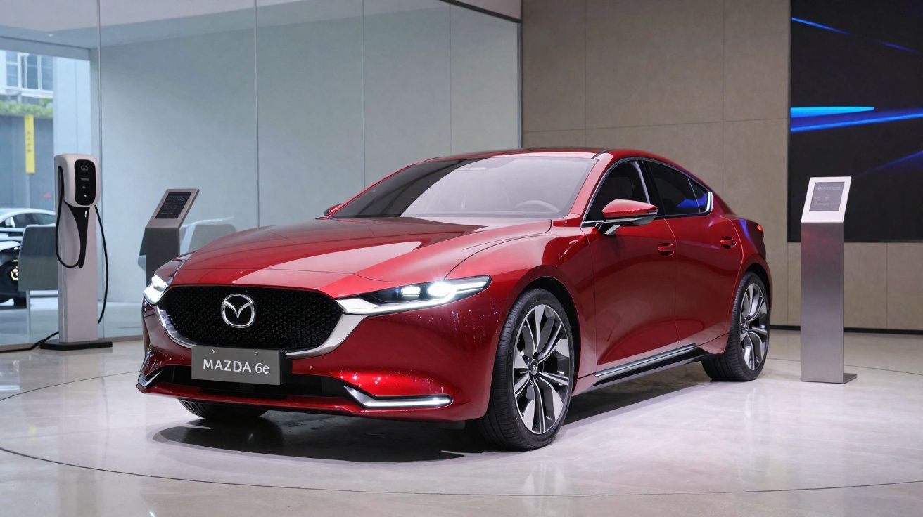 Voiture Mazda 6e rouge exposée dans un showroom moderne avec borne de recharge électrique.