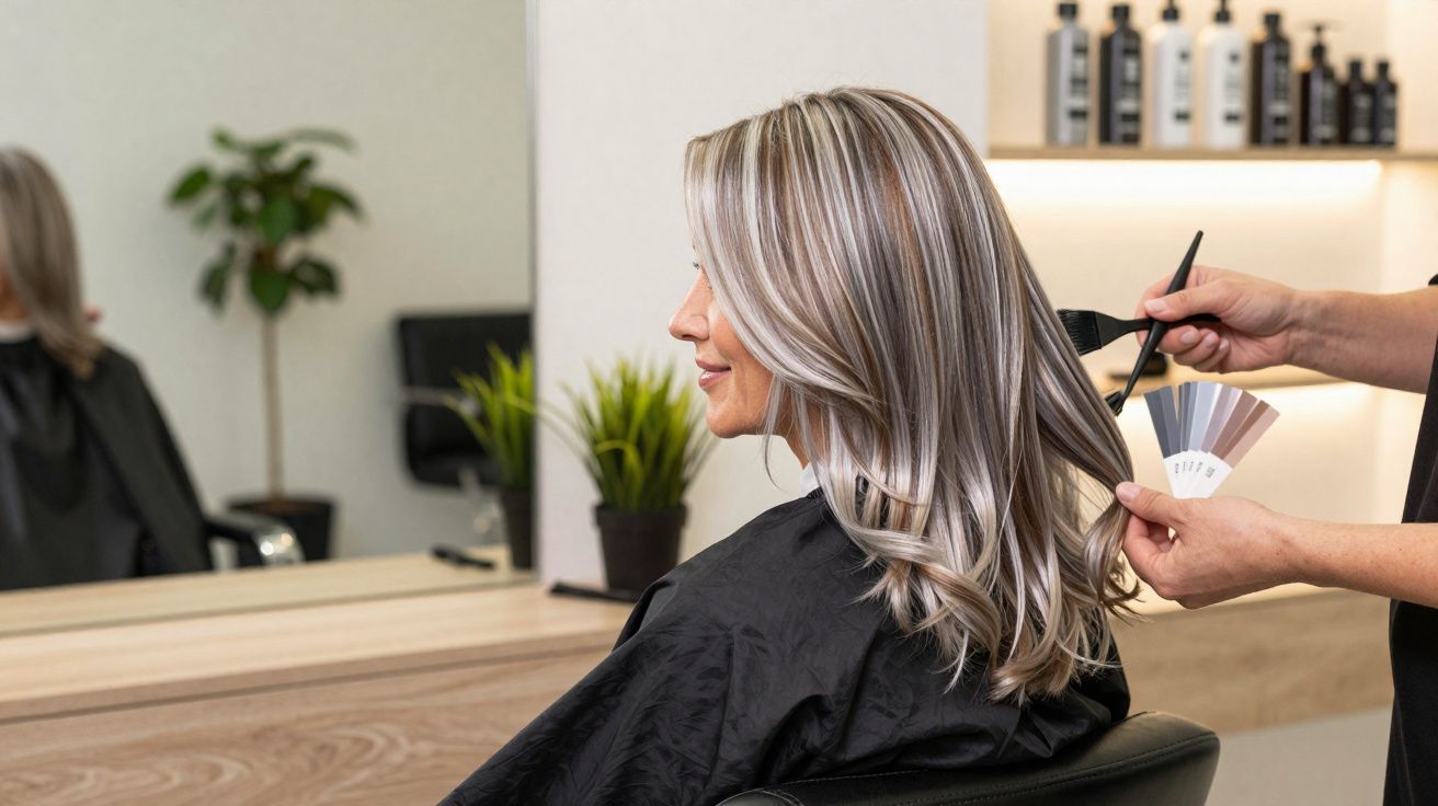 Femme aux cheveux blonds longs avec mèches assise chez le coiffeur choisissant une teinte de coloration.