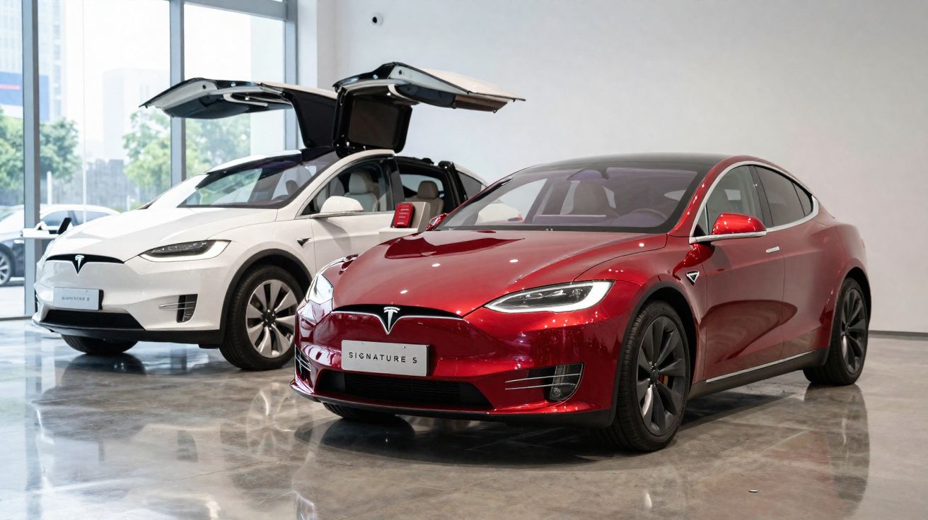Deux voitures Tesla stationnées dans un showroom, une blanche avec portes papillon et une rouge brillante.