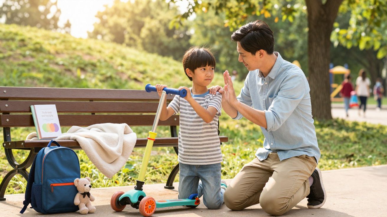 Un père félicite son fils à trottinette dans un parc, banc et sac à dos à côté.