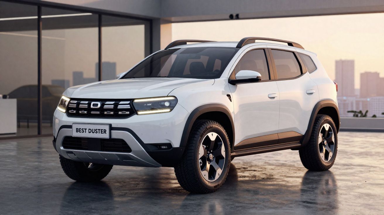 SUV blanc Dacia Best Duster garé sur un sol lisse avec un bâtiment et une vue urbaine en arrière-plan.