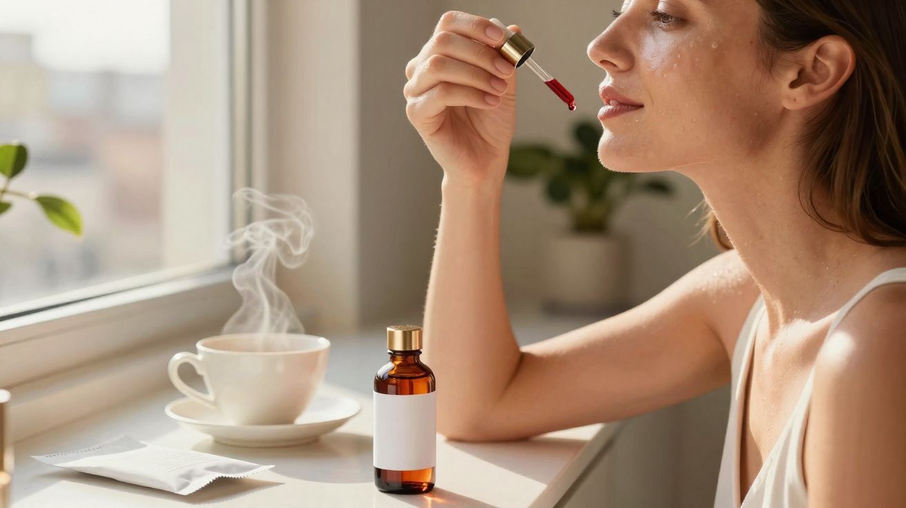 Femme appliquant un sérum sur son visage près d'une tasse de thé fumante sur un rebord de fenêtre.