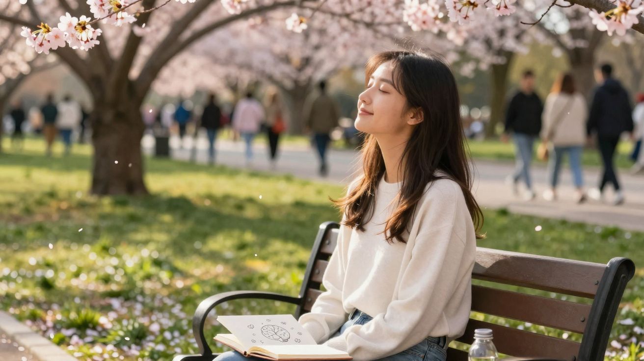 Femme assise sur un banc sous un arbre en fleurs, profitant du soleil avec un carnet ouvert sur les genoux.