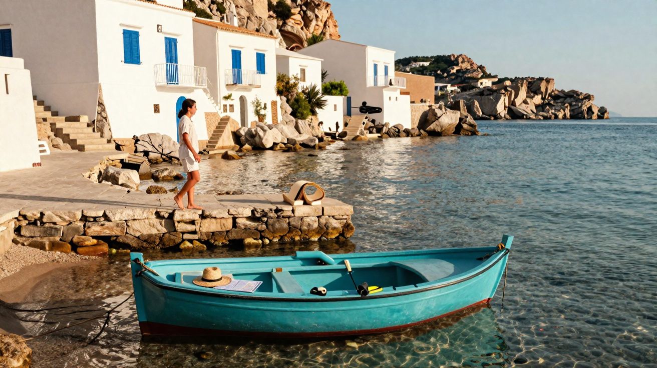 Petite barque bleue amarrée près de maisons blanches aux volets bleus au bord d'une mer calme.