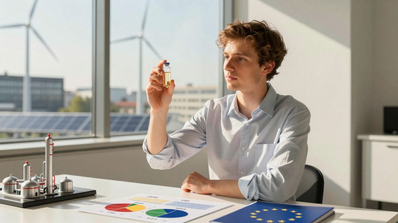 Jeune homme analysant un échantillon chimique au bureau avec graphiques et dossier drapeau européen.