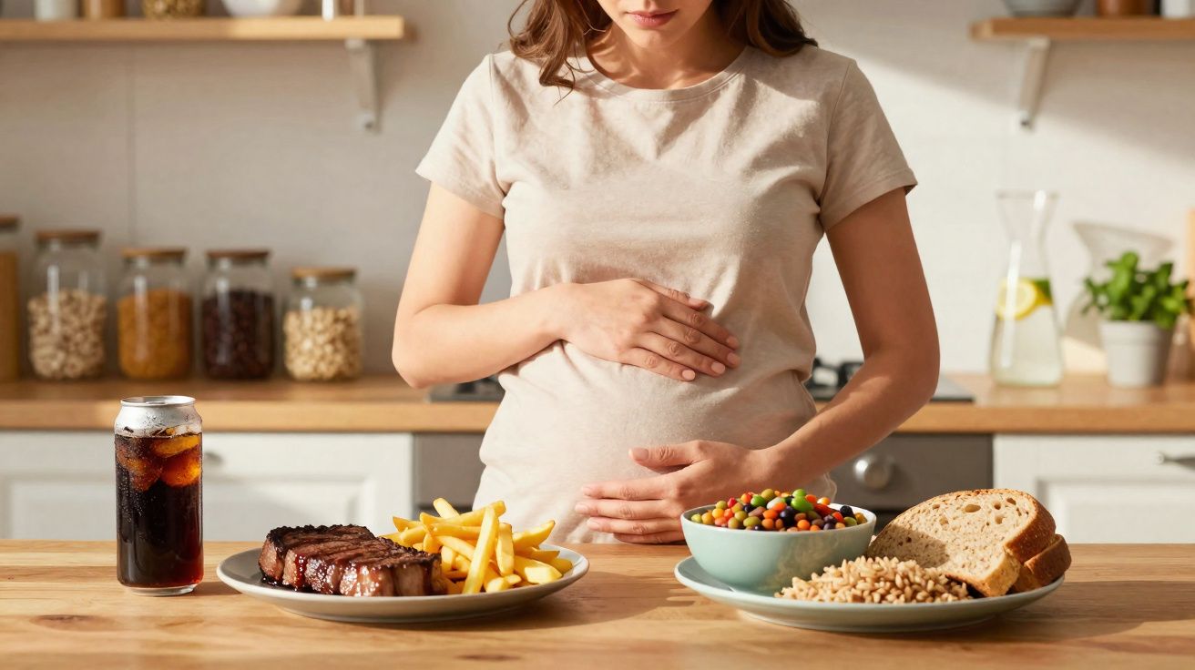 Femme enceinte hésitant entre un repas riche en graisses et pommes frites et une option saine avec légumineuses et pain compl