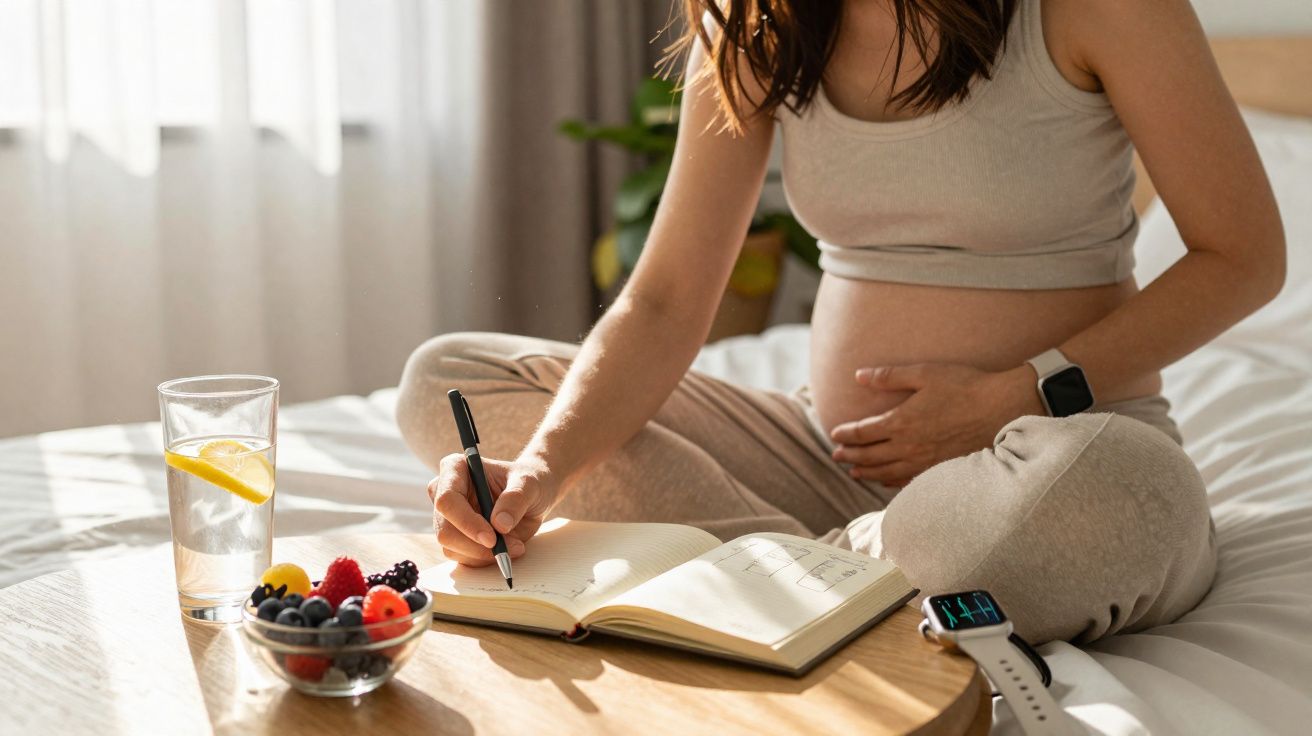 Femme enceinte assise sur un lit, écrivant dans un carnet avec un bol de fruits et un verre d'eau à côté.