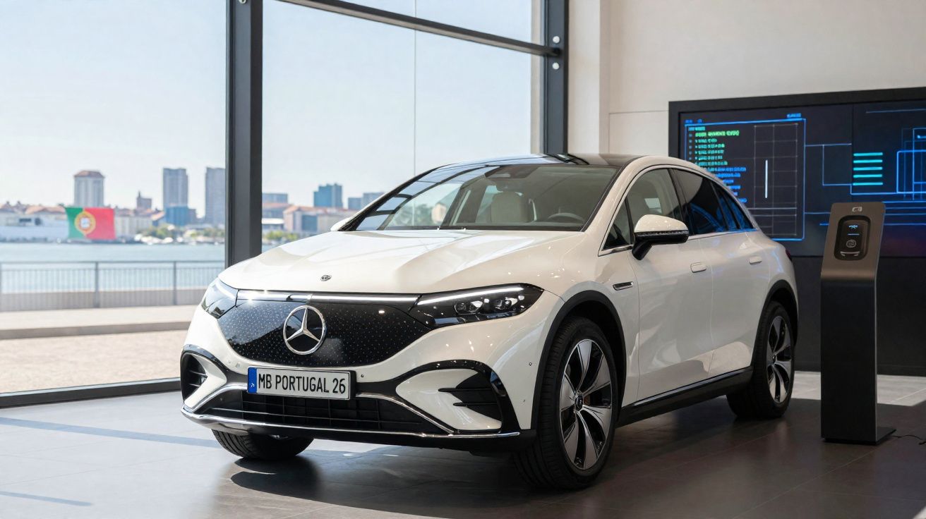 Voiture électrique Mercedes-Benz EQ modèle blanc exposée dans un showroom avec vue sur l'eau et drapeau du Portugal.