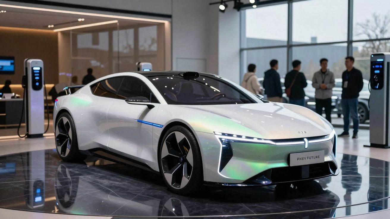 Voiture sportive électrique blanche exposée en showroom avec des bornes de recharge et des visiteurs en arrière-plan.