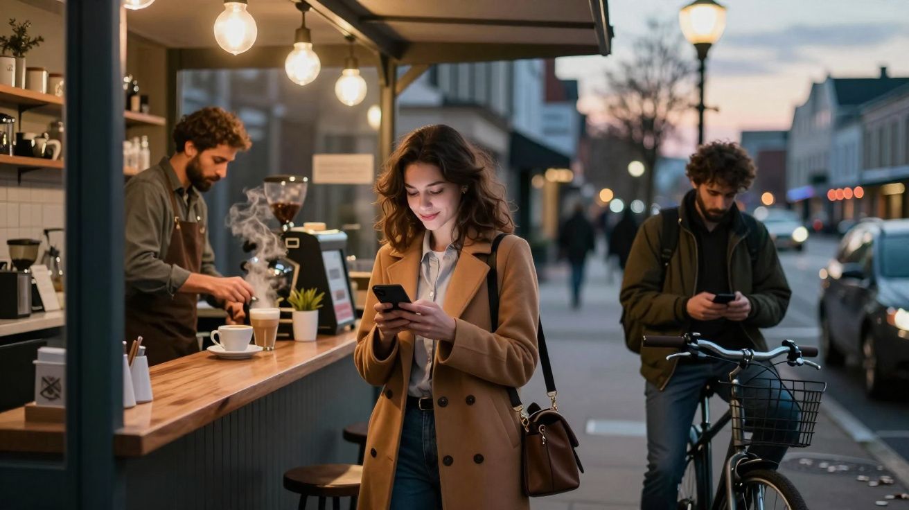 Jeune femme souriante regardant son téléphone devant un café, un barista prépare un café à l'intérieur.