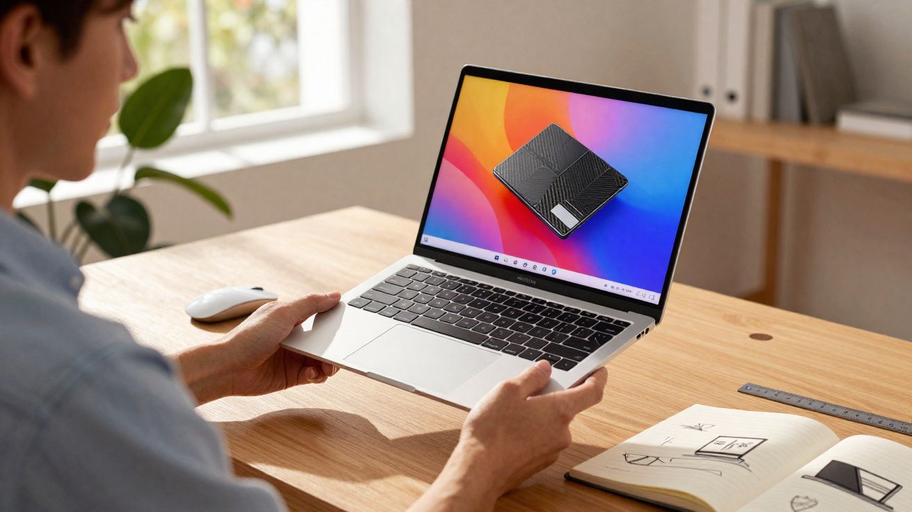 Personne tenant un ordinateur portable affichant un portefeuille noir sur fond coloré, bureau avec carnet et souris.