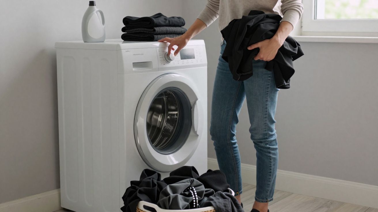 Personne lançant une machine à laver avec un panier rempli de vêtements noirs devant la machine.