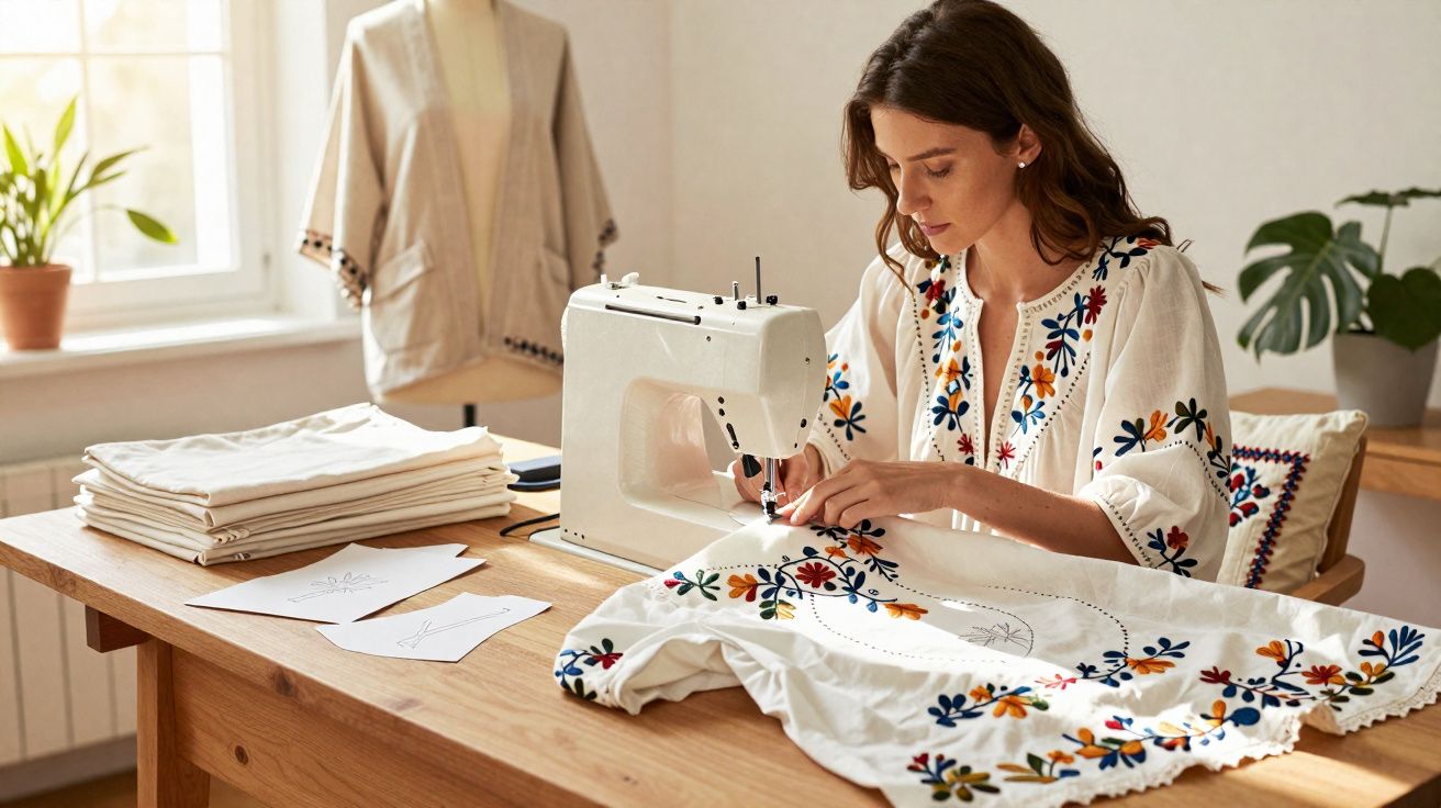 Femme cousant une robe blanche brodée de fleurs colorées à la machine à coudre dans un atelier lumineux.