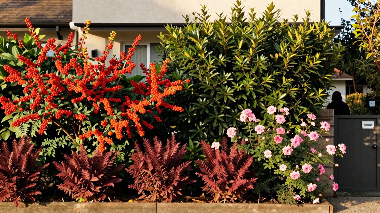 Massif fleuri avec arbustes à baies rouges, fougères rouges et roses roses devant une maison claire.