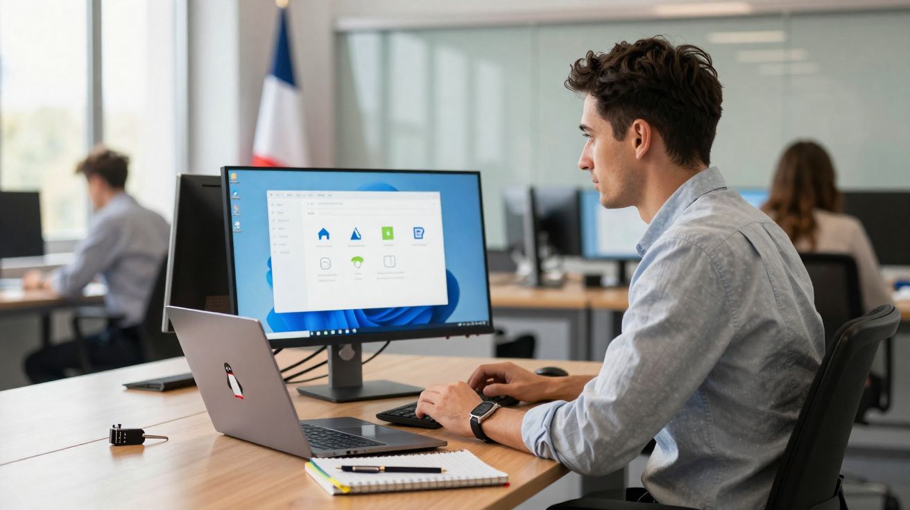 Homme travaillant sur ordinateur avec écran externe dans un bureau moderne avec drapeau français en arrière-plan.