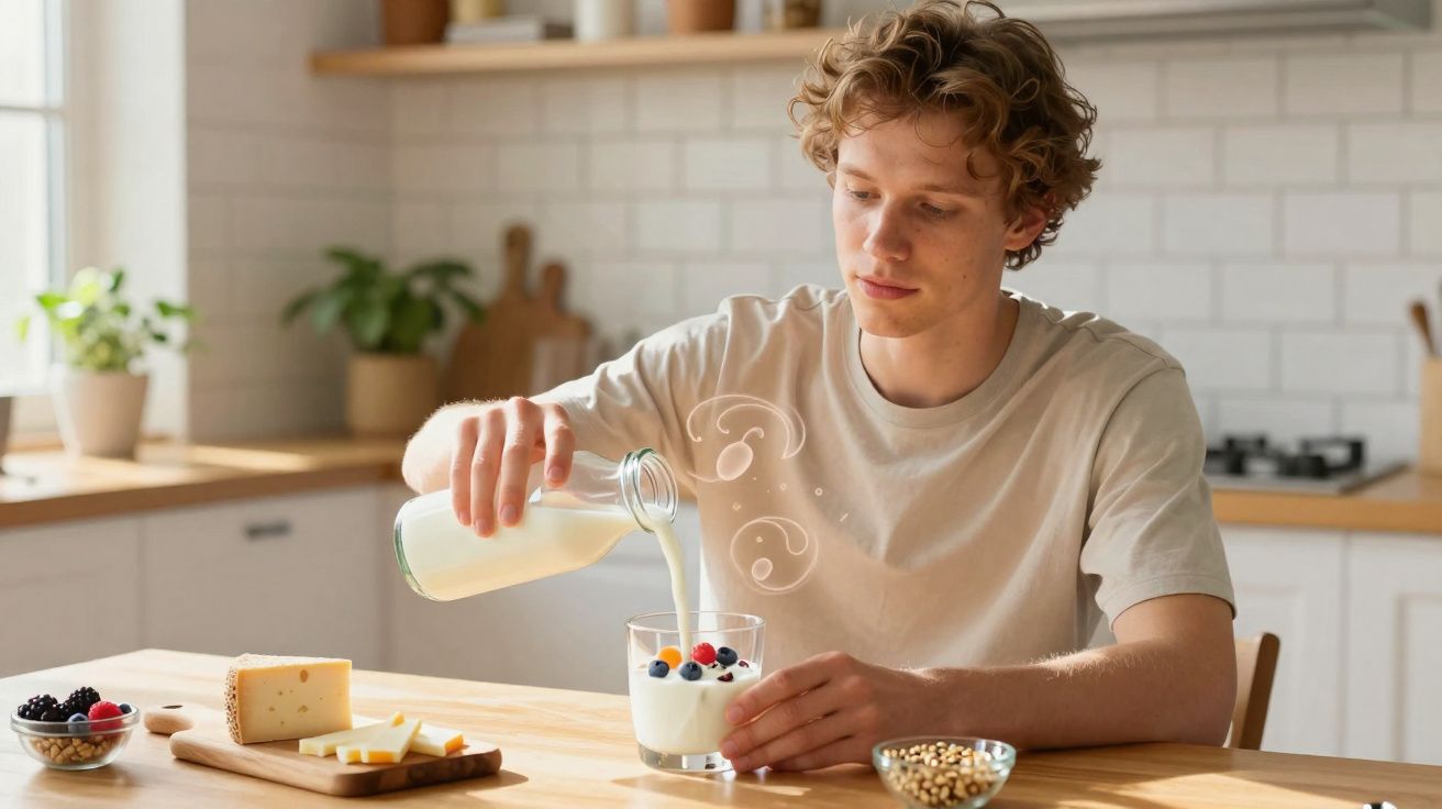 Jeune homme versant du lait dans un verre de yaourt avec fruits rouges dans une cuisine lumineuse.