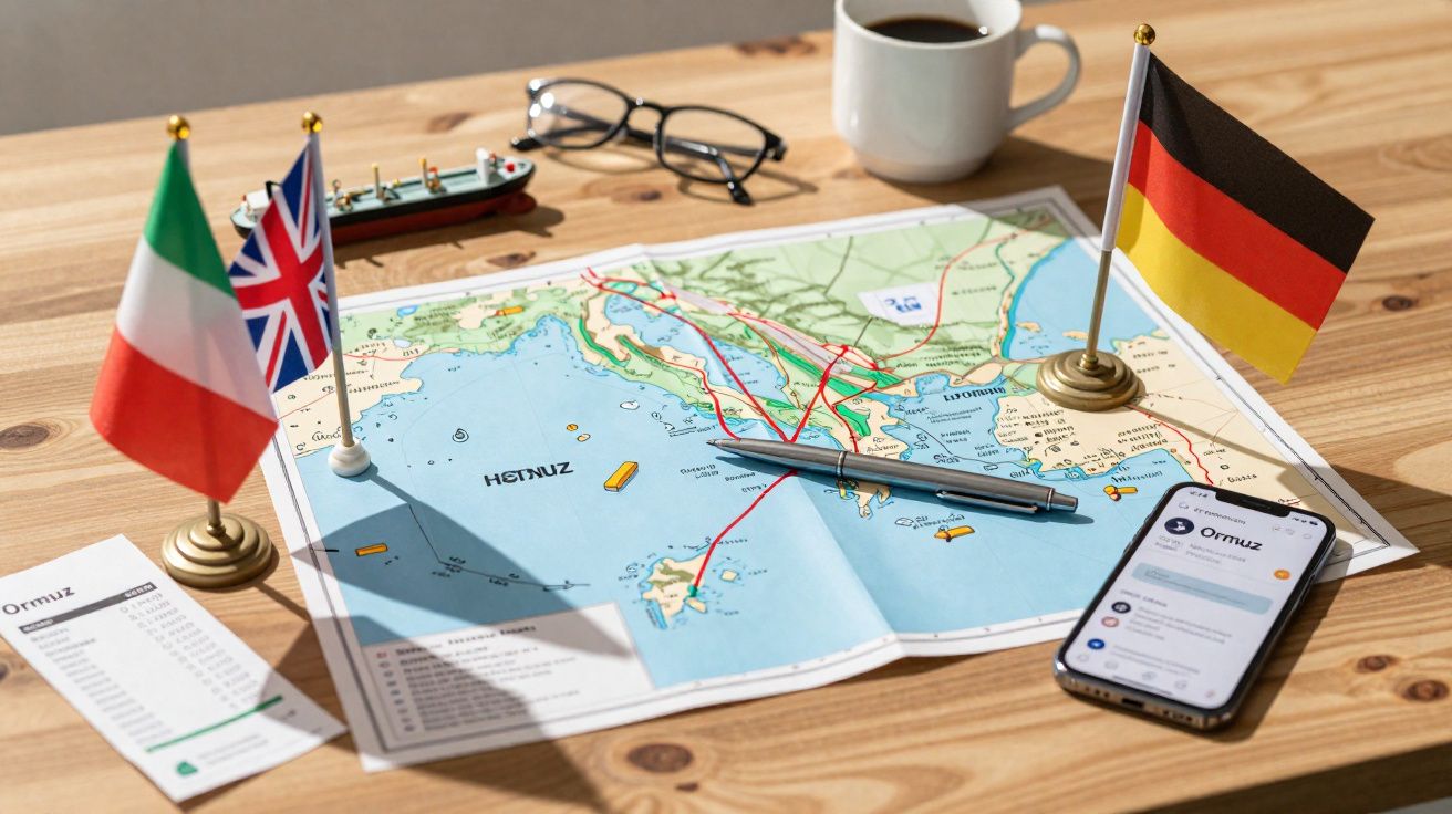 Carte maritime posée sur une table en bois avec drapeaux, stylo, lunettes, tasse de café et smartphone affichant une applicat