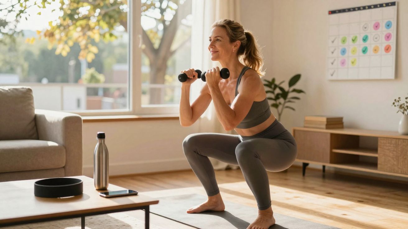 Femme faisant des squats avec des haltères dans un salon lumineux, vêtue de vêtements de sport gris.