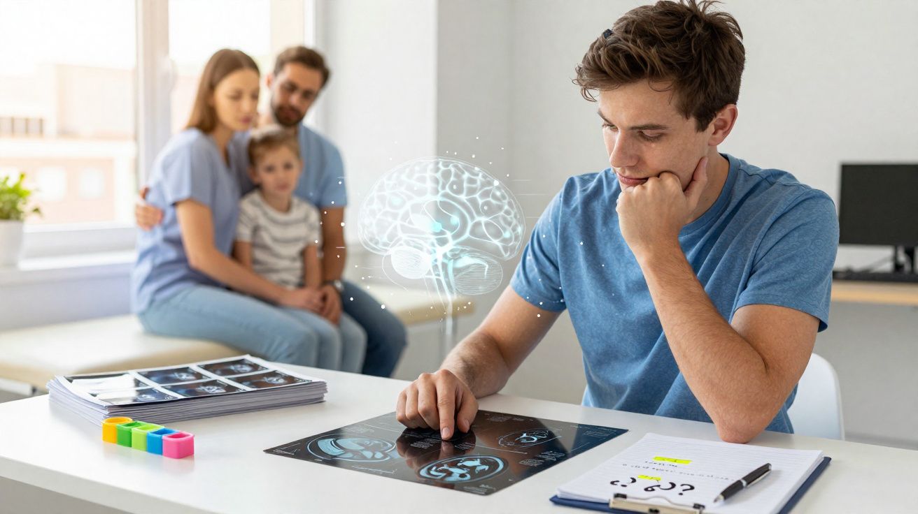 Jeune homme étudiant des images médicales de cerveau sur une table, famille en arrière-plan dans un cabinet.