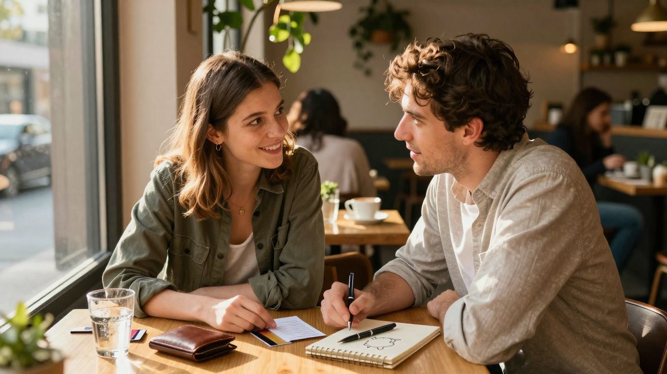 Jeune femme et homme discutant et dessinant dans un café lumineux et chaleureux près d'une fenêtre.