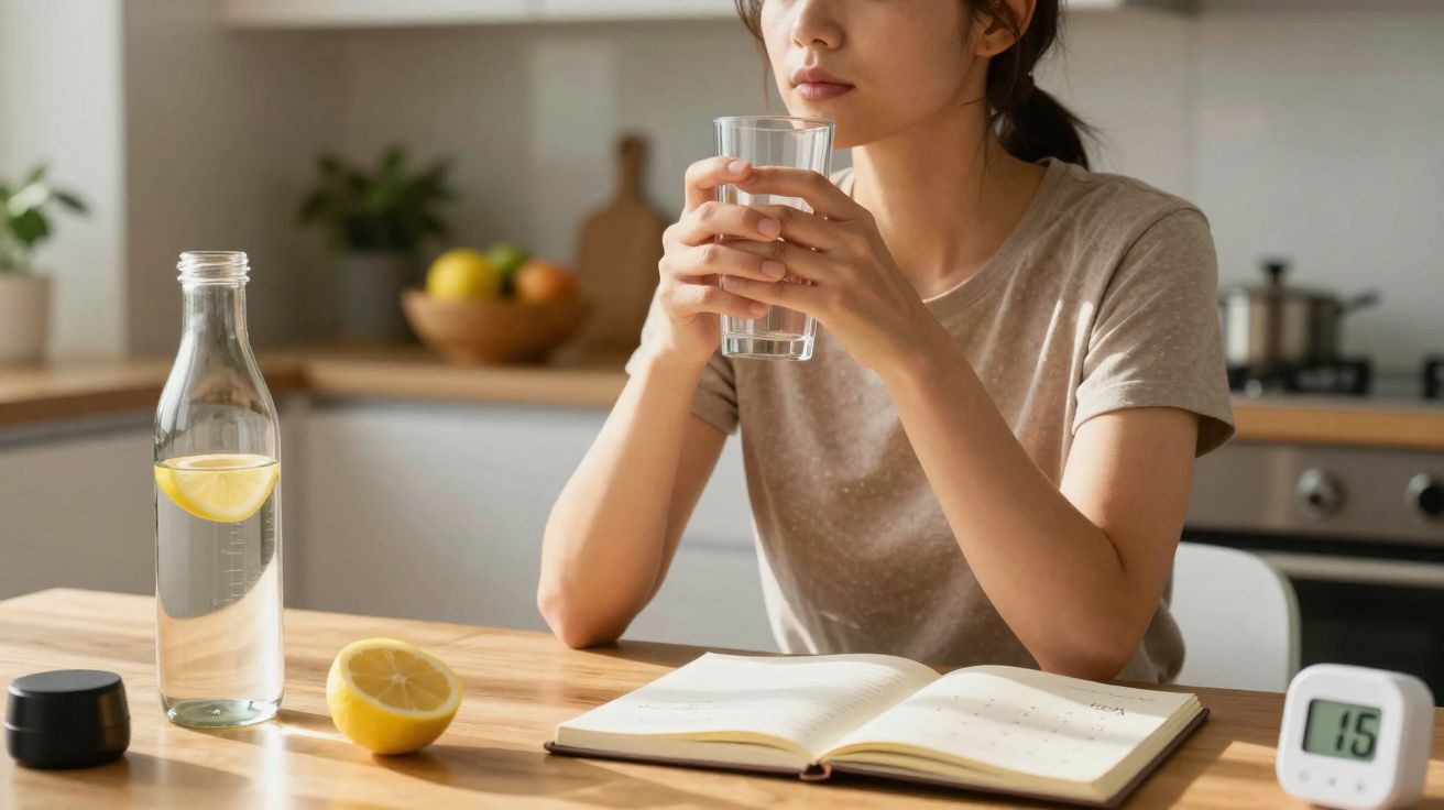 Femme assise à une table en bois, tenant un verre d'eau, avec bouteille, citron, carnet ouvert et minuterie.