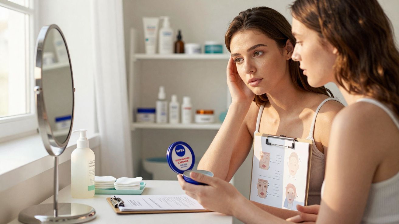 Deux femmes discutent de soins du visage avec un miroir et des produits cosmétiques sur une table lumineuse.
