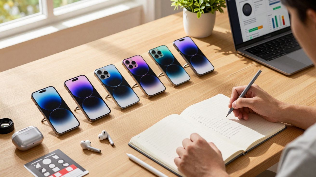 Personne écrivant dans un carnet devant six smartphones alignés et un ordinateur portable sur une table en bois.