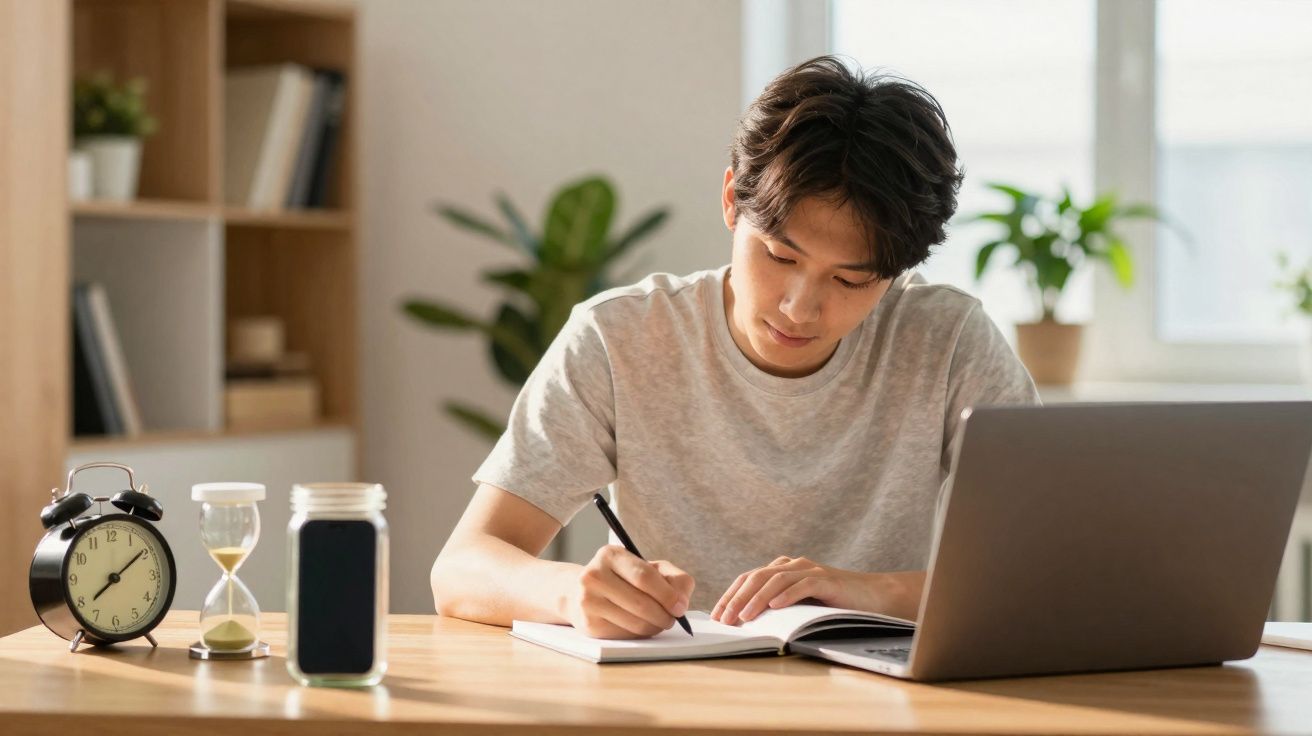 Jeune homme concentré prenant des notes à côté d’un ordinateur portable, horloge et sablier sur la table.