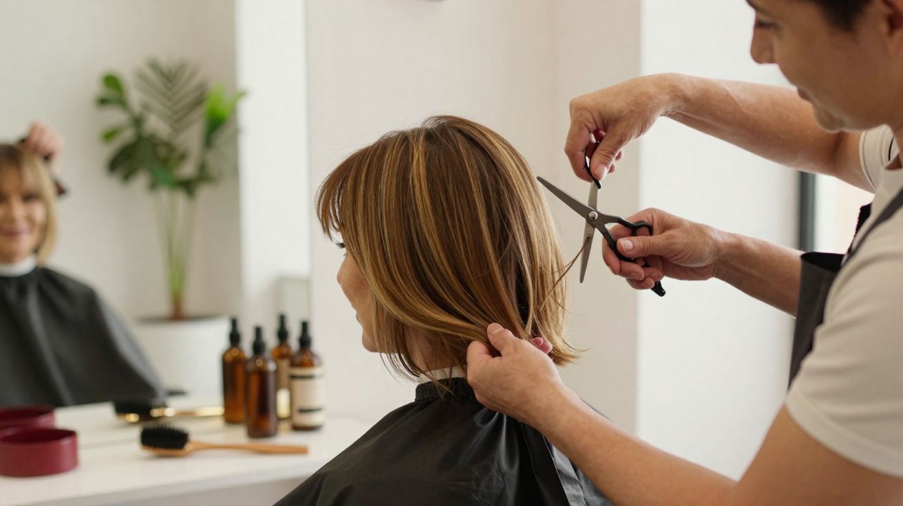 Coiffeur coupant les cheveux d'une femme aux cheveux courts dans un salon lumineux avec miroir.