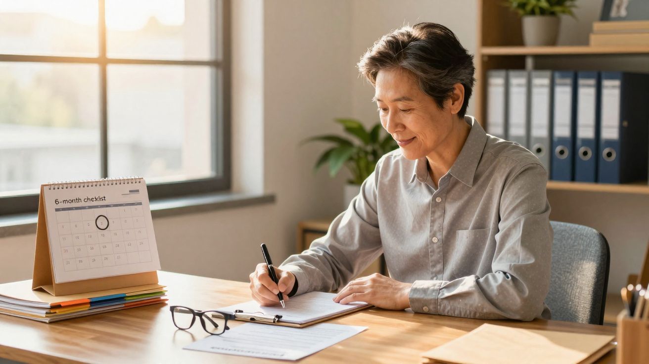 Personne concentrée écrivant dans un carnet assise à un bureau avec calendrier et lunettes posés dessus.
