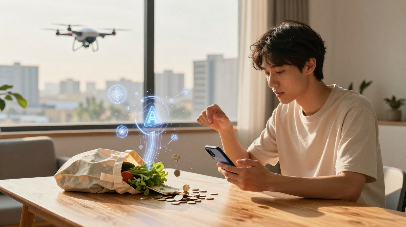 Jeune homme utilisant un smartphone pour gérer ses achats avec un drone volant près d’un sac de courses sur une table.