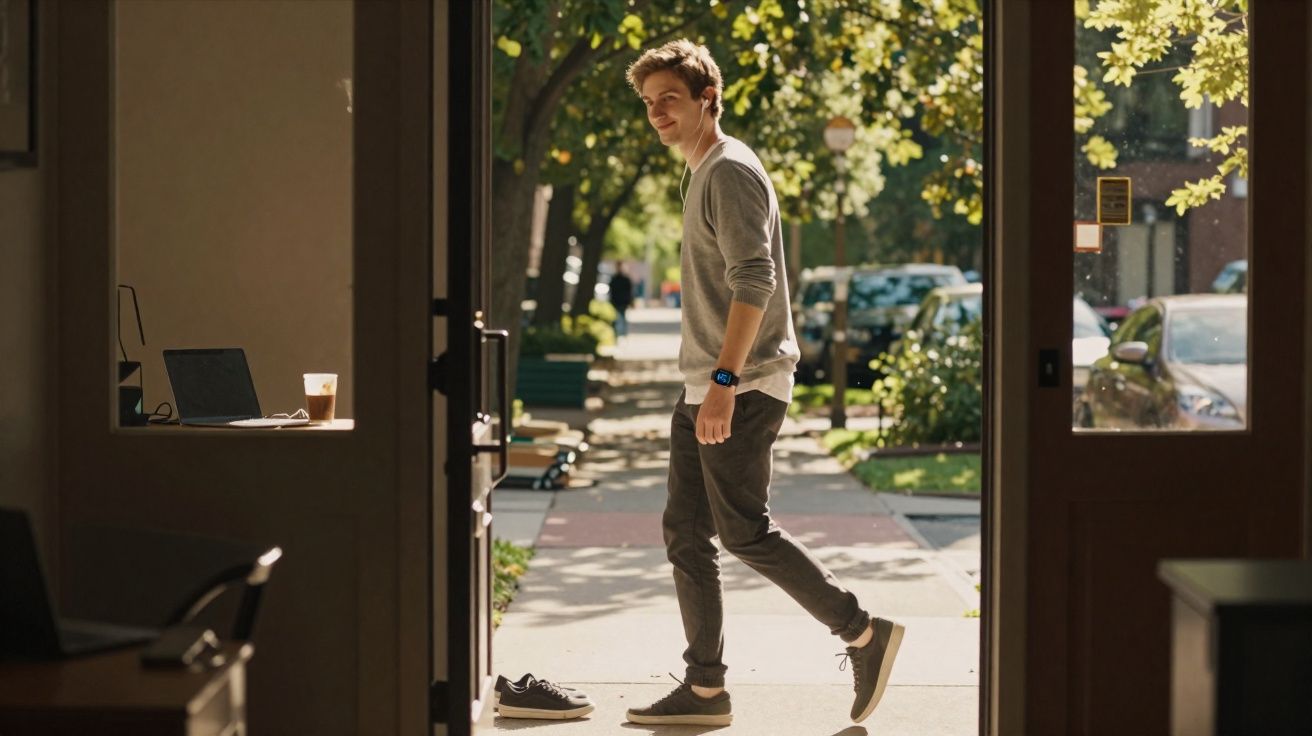 Un homme souriant marche dehors vers une rue ensoleillée vue depuis l'intérieur d'un bâtiment.