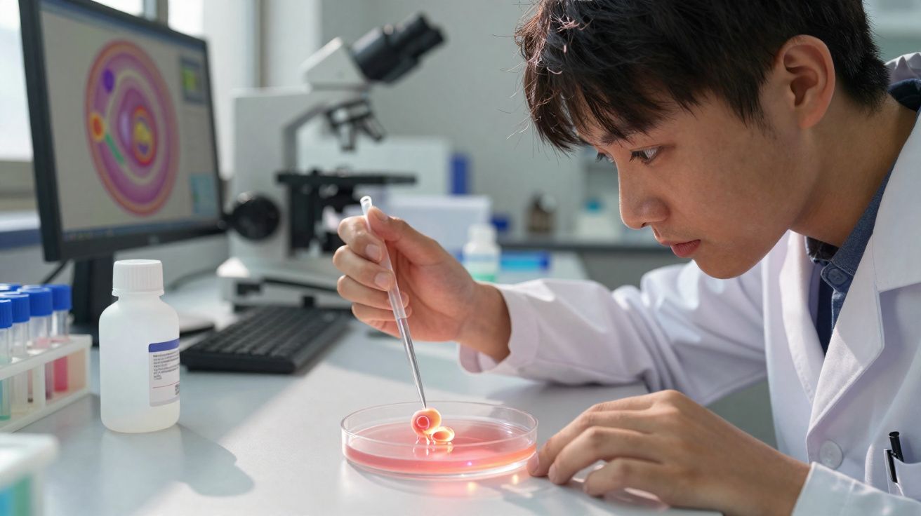 Jeune scientifique en blouse blanche manipulant une pipette au-dessus d'une boîte de Pétri en laboratoire.