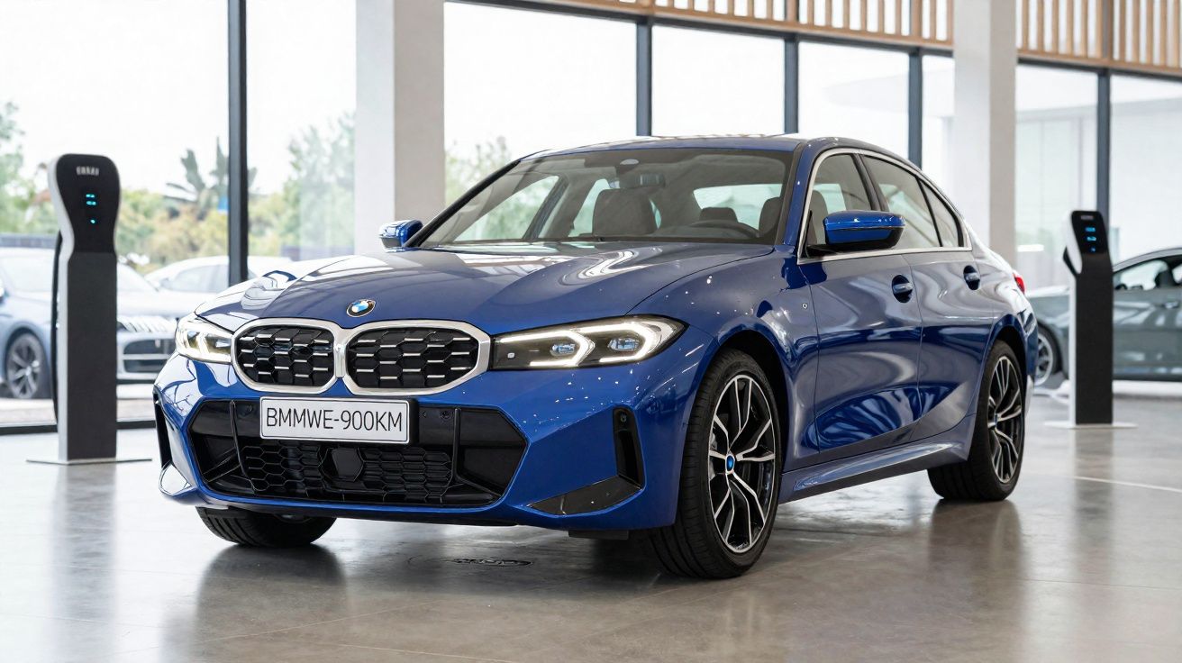 Voiture électrique BMW bleue exposée dans une salle lumineuse avec bornes de recharge à l'arrière.