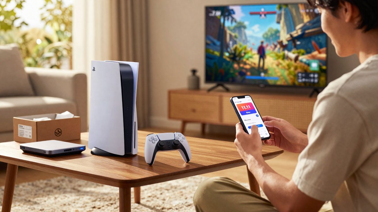 Homme tenant un smartphone avec une console PlayStation 5 et une manette sur une table devant une télévision.