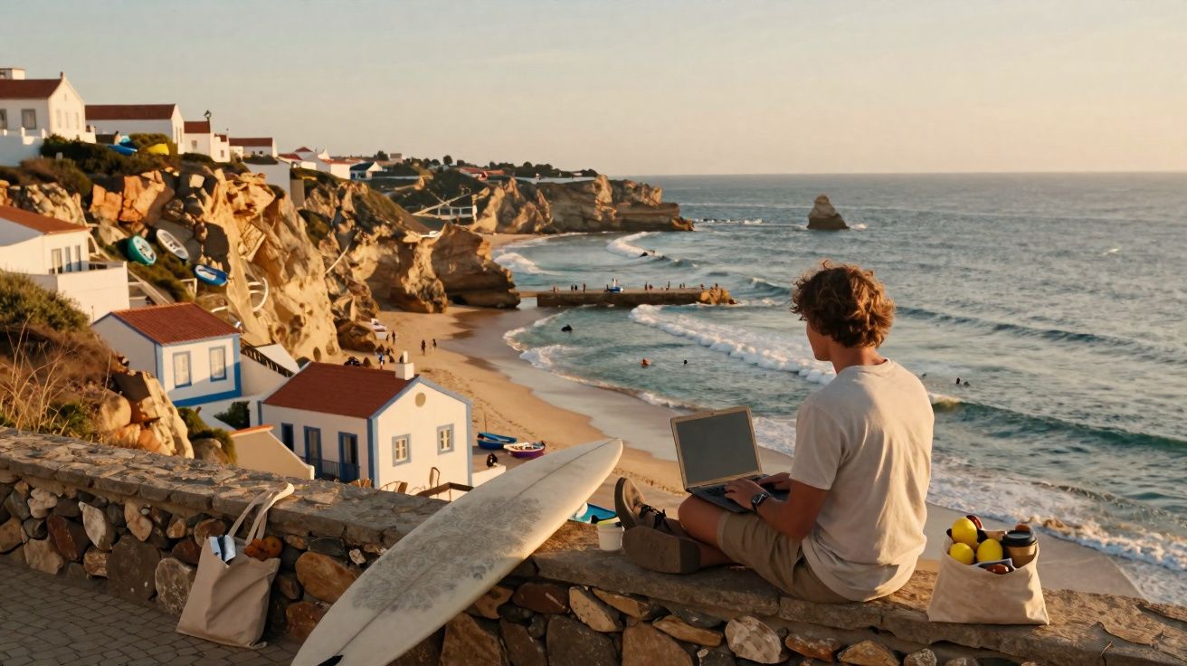Jeune homme utilisant un ordinateur portable sur une plage avec planche de surf et maisons blanches en arrière-plan.