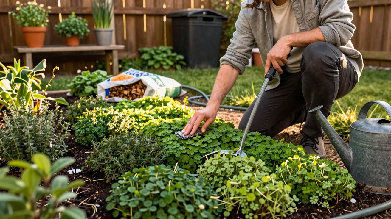 Personne prenant soin des plantes dans un jardin avec un outil de jardinage et un arrosoir métallique.