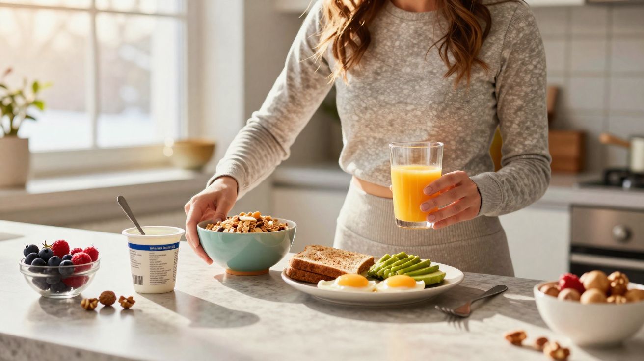 Femme prenant un petit déjeuner sain avec œufs, avocat, pain, jus d'orange, fruits rouges et yaourt dans une cuisine lumineus