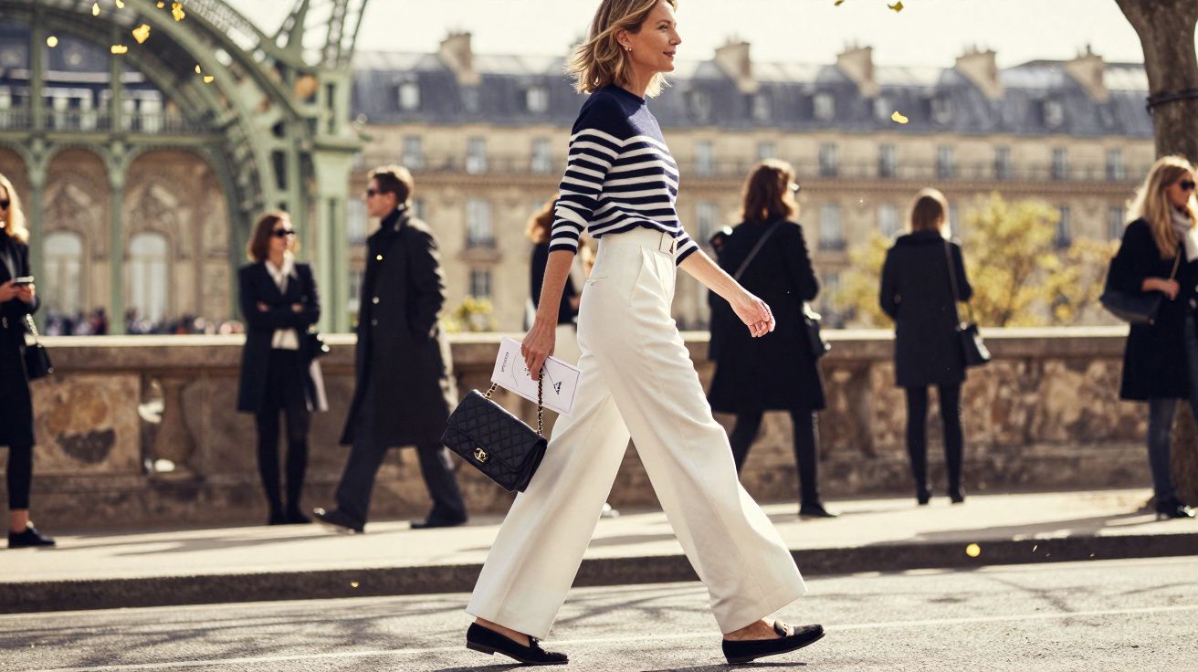 Femme élégante en pantalon blanc et pull à rayures marchant dans une rue animée de Paris.