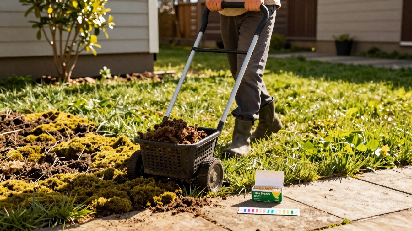 Personne jardinant avec un épandeur manuel sur une pelouse verte en plein jour, test de sol visible.