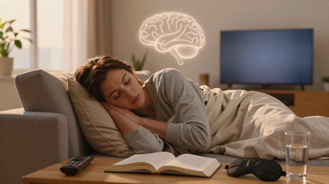 Femme dormant sur un canapé avec un cerveau lumineux flottant au-dessus de sa tête, livre ouvert à côté.