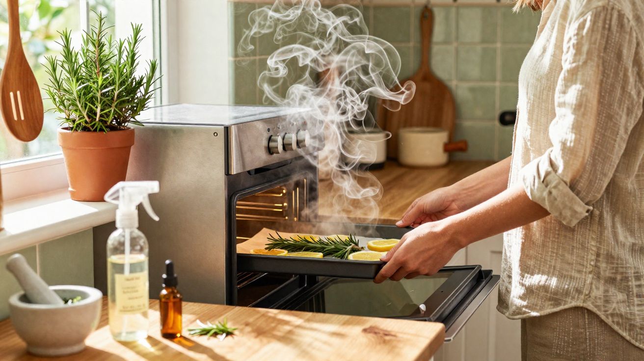Personne plaçant un plat avec herbes et citron dans un four émettant de la vapeur dans une cuisine.
