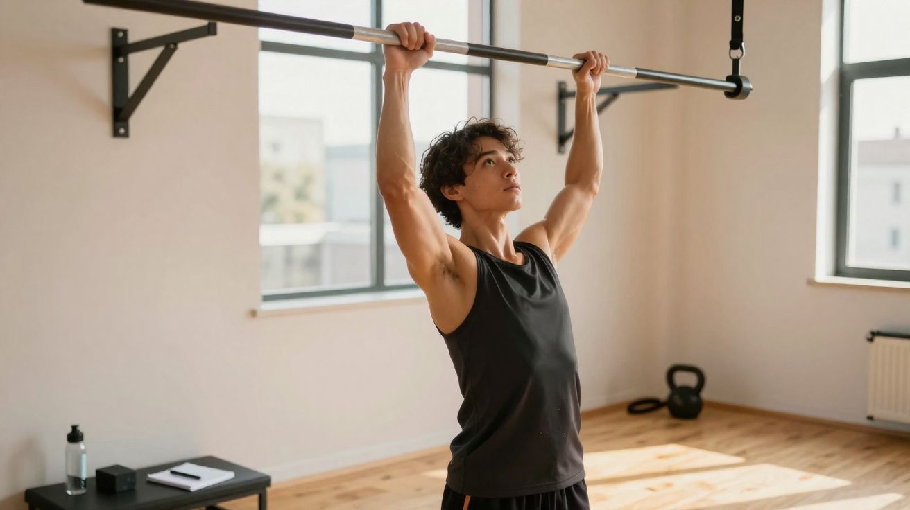 Jeune homme en tenue de sport effectuant des tractions sur une barre dans une salle lumineuse.