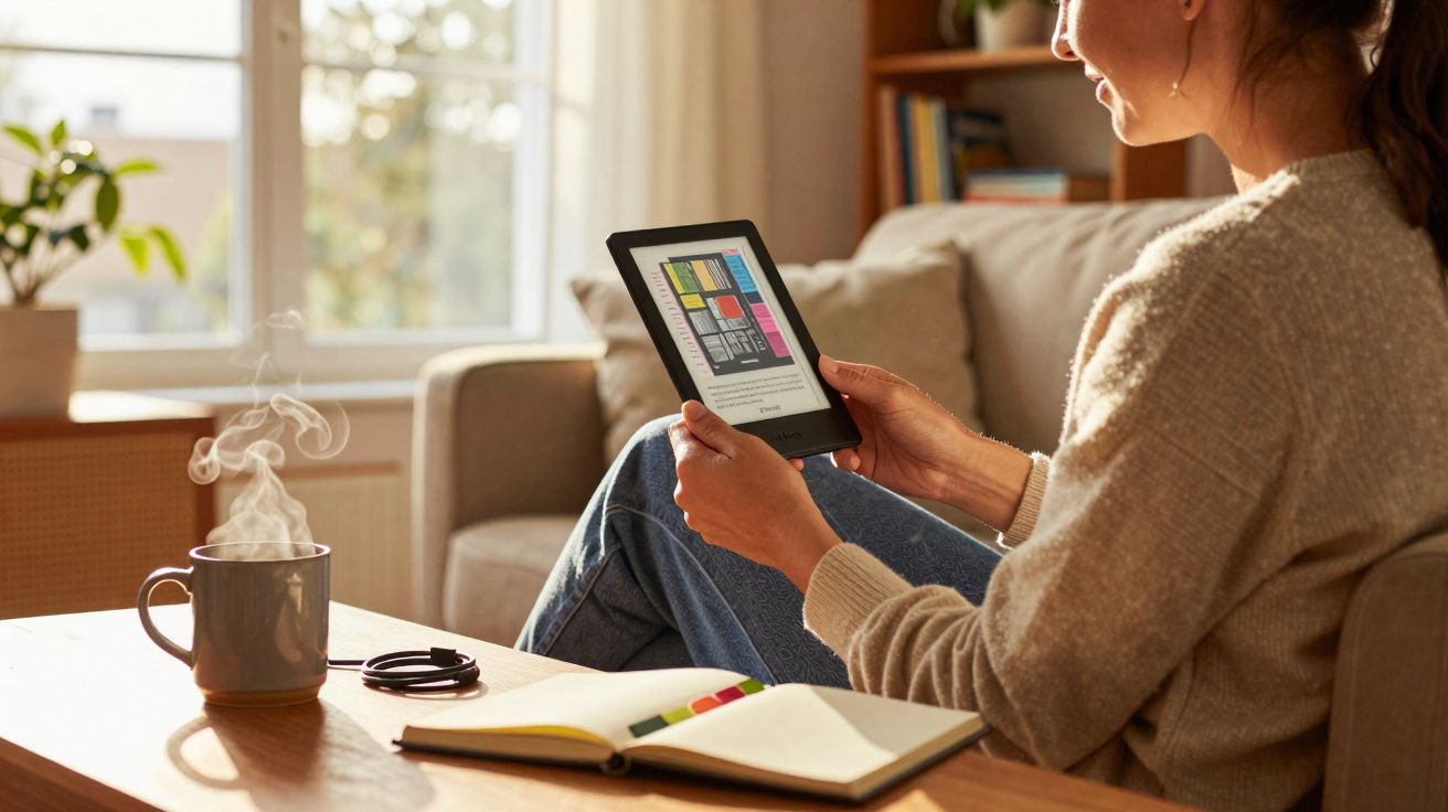 Femme assise dans un salon lumineux, lisant sur une liseuse avec un carnet et une tasse fumante sur la table.