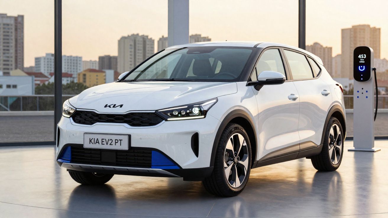 Voiture électrique blanche KIA EV2 PT en charge dans un espace urbain moderne avec bâtiments en arrière-plan.