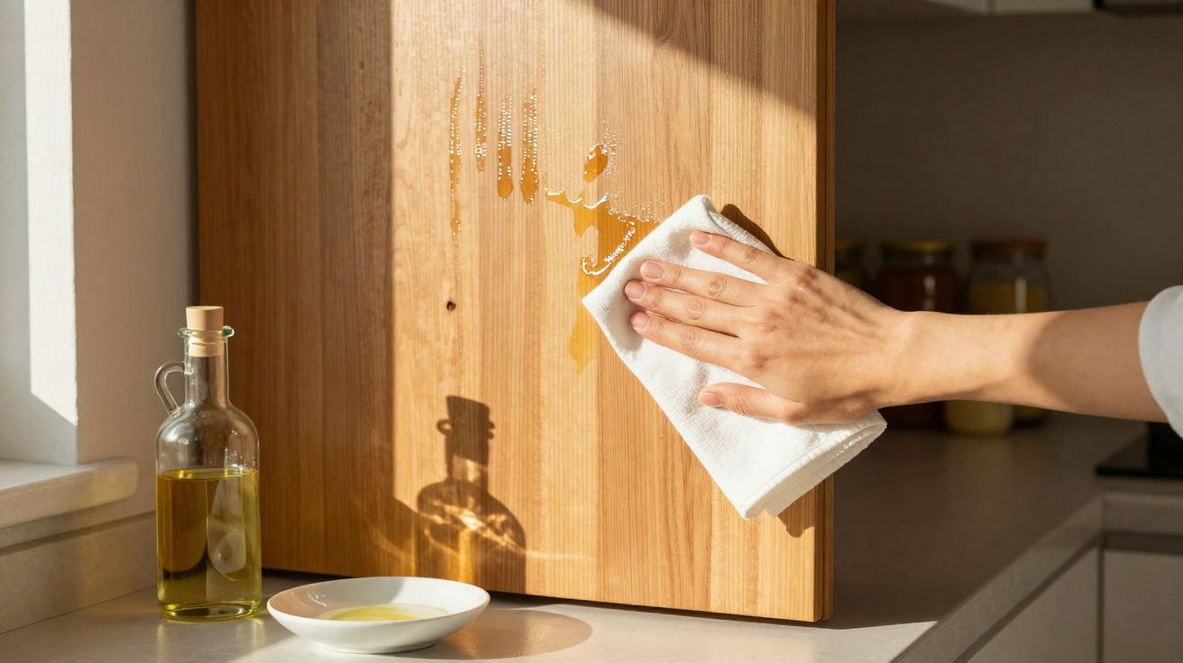 Main essuyant une éclaboussure d'huile sur une planche à découper en bois dans une cuisine lumineuse.