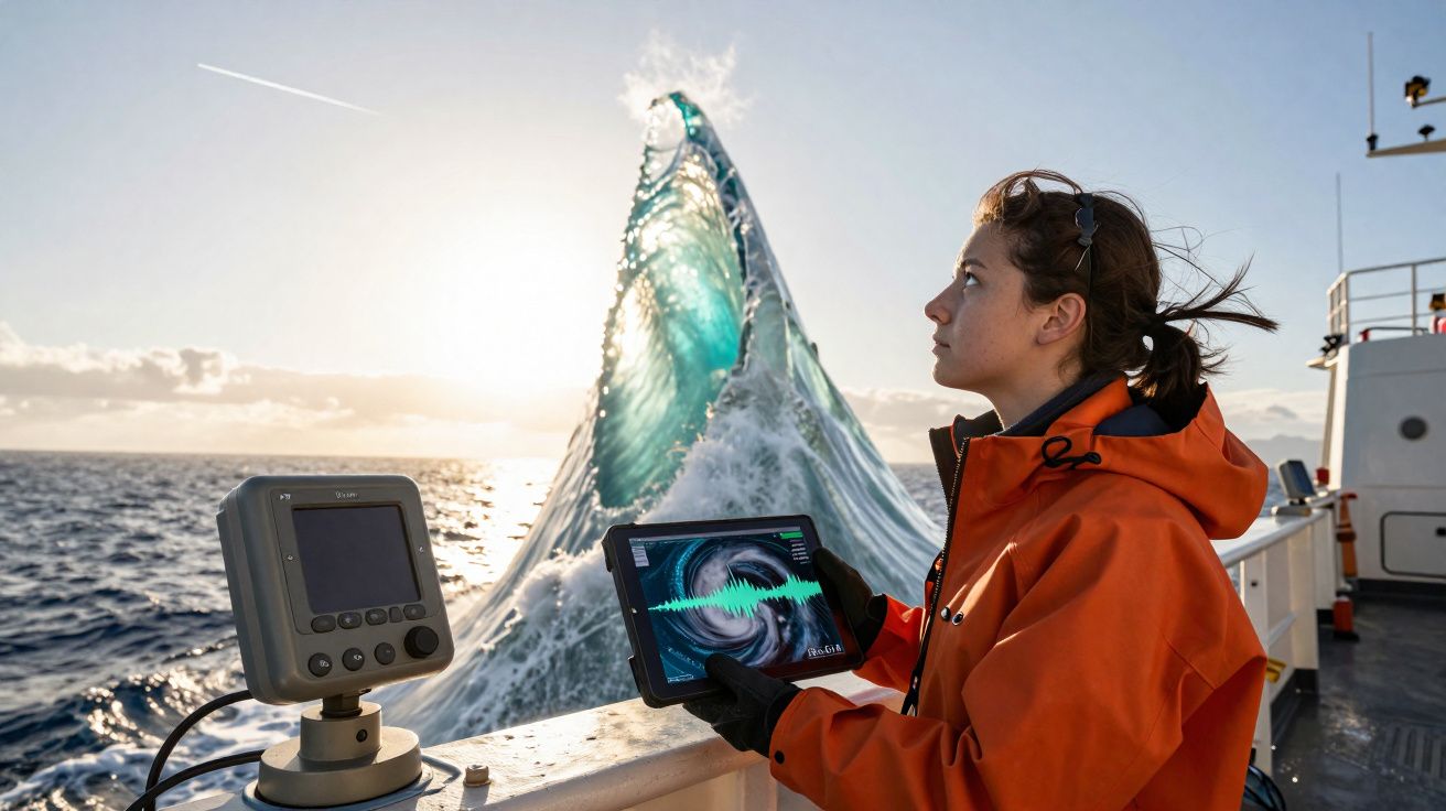 Femme en ciré orange surveillant une tablette avec une vague spectaculaire à l’arrière-plan sur un bateau en mer.